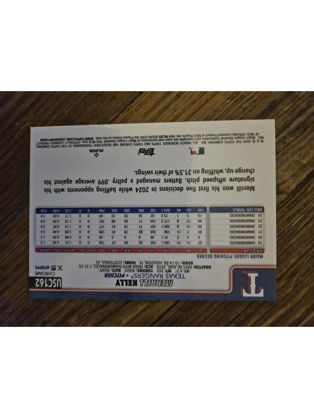 2025 Topps Chrome Update - Merrill Kelly  #USC162 - Rangers - RAW Mint - Picture 2 of 2